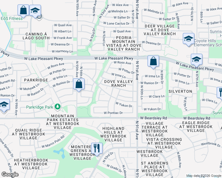 map of restaurants, bars, coffee shops, grocery stores, and more near 20449 North 93rd Avenue in Peoria