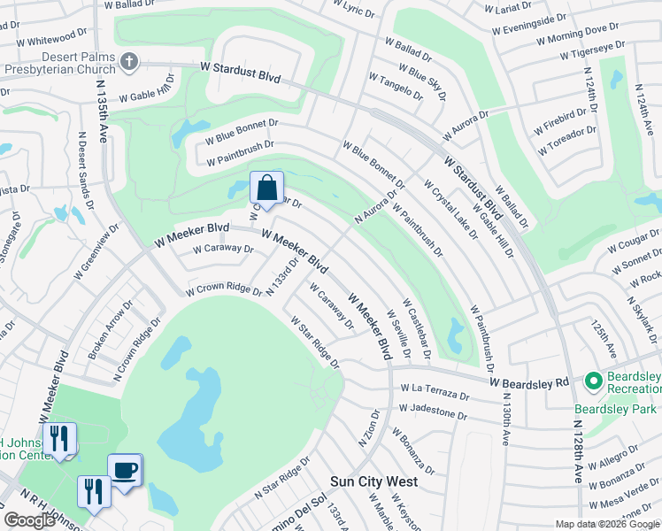 map of restaurants, bars, coffee shops, grocery stores, and more near 13029 West Meeker Boulevard in Sun City West