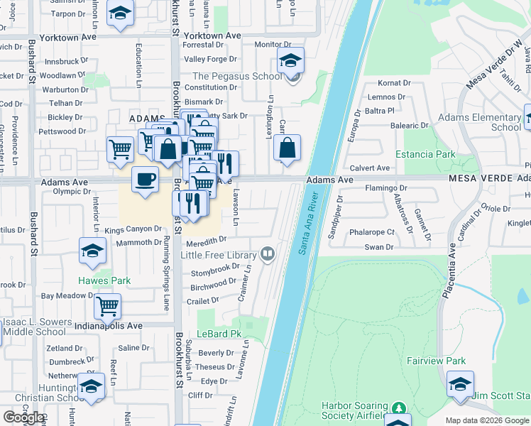 map of restaurants, bars, coffee shops, grocery stores, and more near 20131 Midland Lane in Huntington Beach