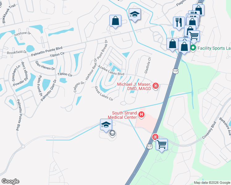 map of restaurants, bars, coffee shops, grocery stores, and more near 1066 Great Lakes Circle in Myrtle Beach