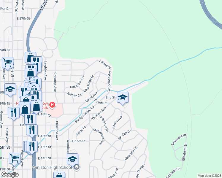 map of restaurants, bars, coffee shops, grocery stores, and more near 721 Bird Street in Anniston