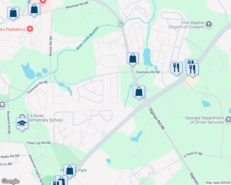 map of restaurants, bars, coffee shops, grocery stores, and more near 1619 Village Place Circle Northeast in Conyers