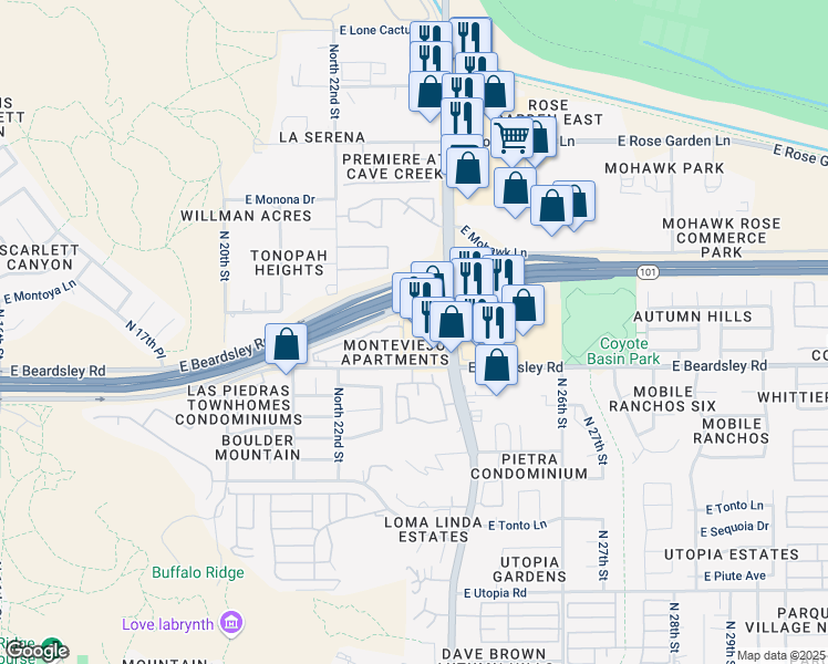 map of restaurants, bars, coffee shops, grocery stores, and more near 20330 North Cave Creek Road in Phoenix