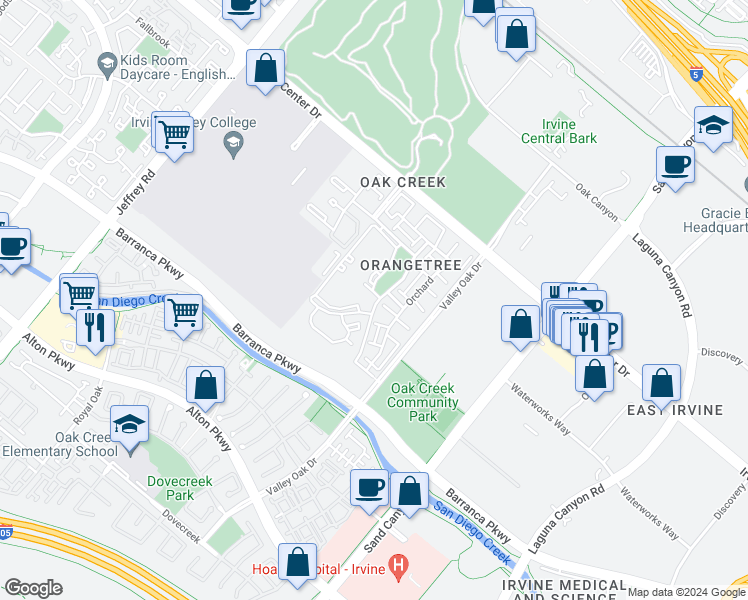 map of restaurants, bars, coffee shops, grocery stores, and more near 61 Lemon Grove in Irvine
