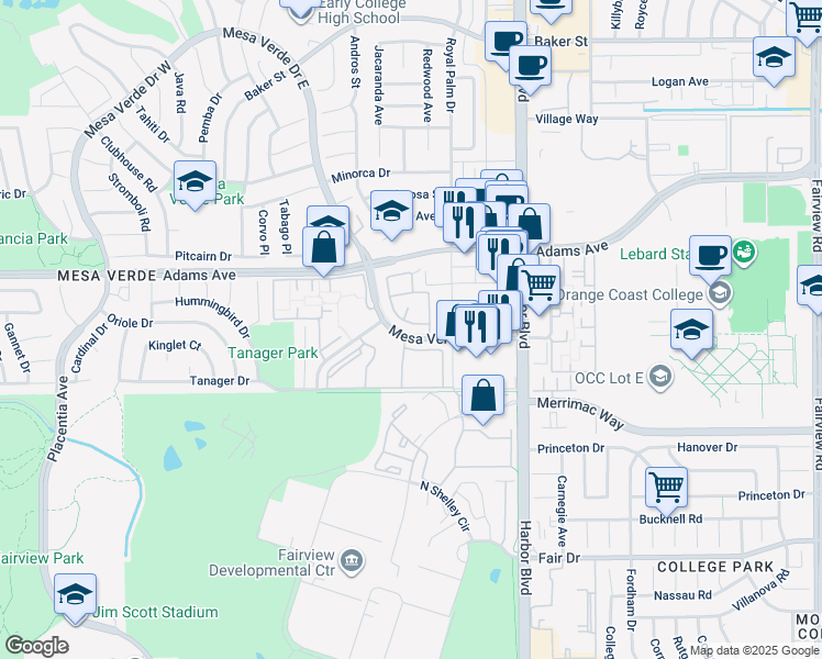 map of restaurants, bars, coffee shops, grocery stores, and more near 1547 Amberleaf in Costa Mesa