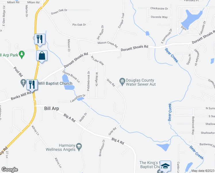 map of restaurants, bars, coffee shops, grocery stores, and more near 4957 West Lake Way in Douglasville