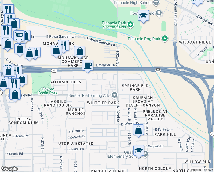map of restaurants, bars, coffee shops, grocery stores, and more near 3150 East Beardsley Road in Phoenix