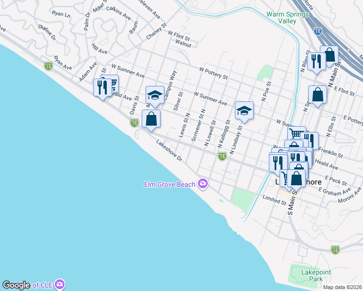 map of restaurants, bars, coffee shops, grocery stores, and more near 2 Lewis Street South in Lake Elsinore
