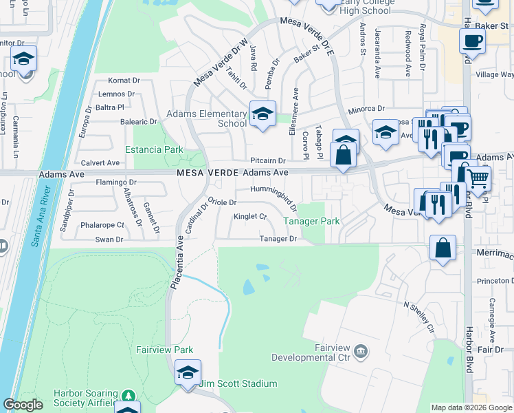 map of restaurants, bars, coffee shops, grocery stores, and more near 1813 Oriole Drive in Costa Mesa