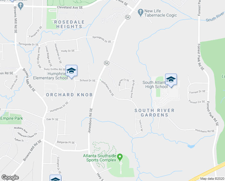 map of restaurants, bars, coffee shops, grocery stores, and more near 540 Hutchens Road Southeast in Atlanta