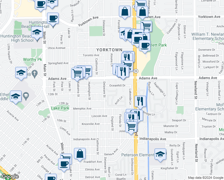map of restaurants, bars, coffee shops, grocery stores, and more near 519 Amber Drive in Huntington Beach