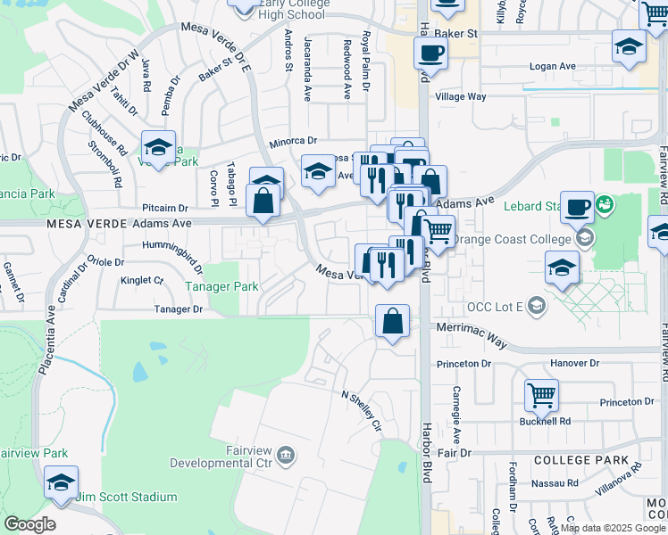 map of restaurants, bars, coffee shops, grocery stores, and more near 1547 Amberleaf in Costa Mesa