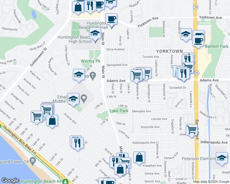map of restaurants, bars, coffee shops, grocery stores, and more near 1112 Park Street in Huntington Beach