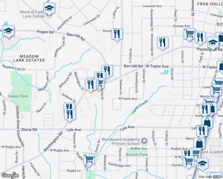 map of restaurants, bars, coffee shops, grocery stores, and more near 3072 Washington Road in East Point
