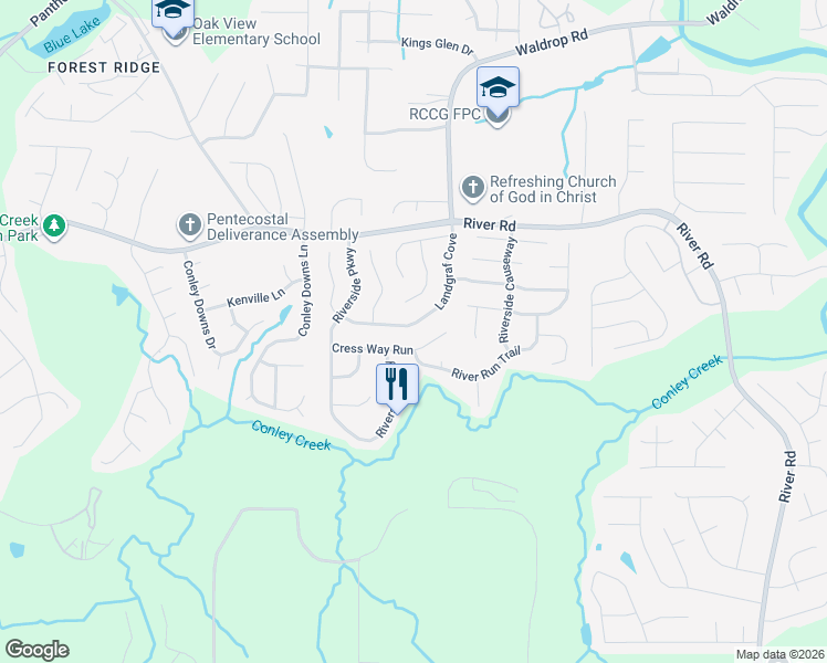 map of restaurants, bars, coffee shops, grocery stores, and more near 3985 Cress Way Run in Decatur