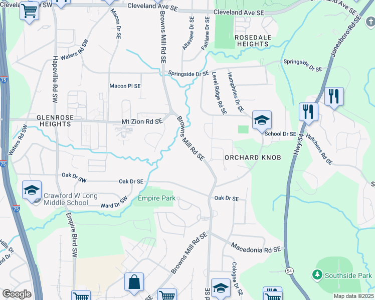 map of restaurants, bars, coffee shops, grocery stores, and more near 3079 Browns Mill Road Southeast in Atlanta