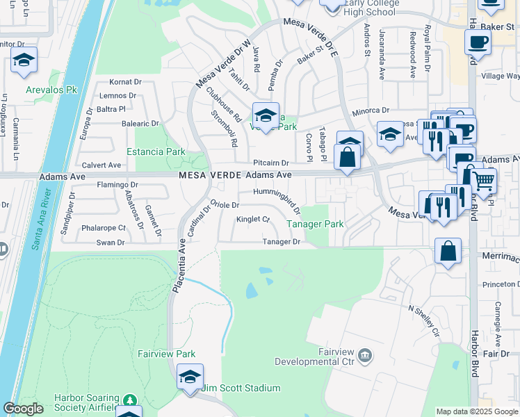 map of restaurants, bars, coffee shops, grocery stores, and more near 1813 Oriole Drive in Costa Mesa