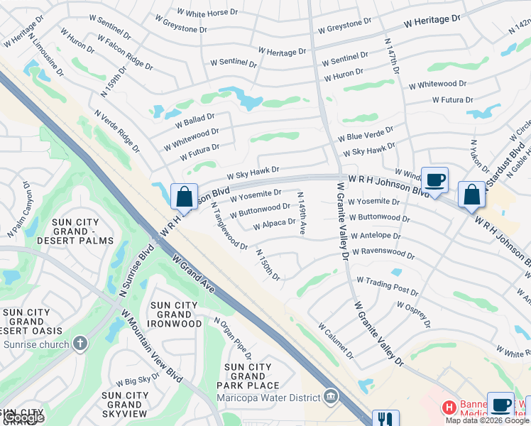 map of restaurants, bars, coffee shops, grocery stores, and more near 14943 West Buttonwood Drive in Sun City West