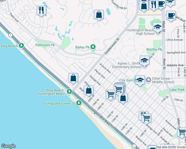 map of restaurants, bars, coffee shops, grocery stores, and more near 411 22nd Street in Huntington Beach