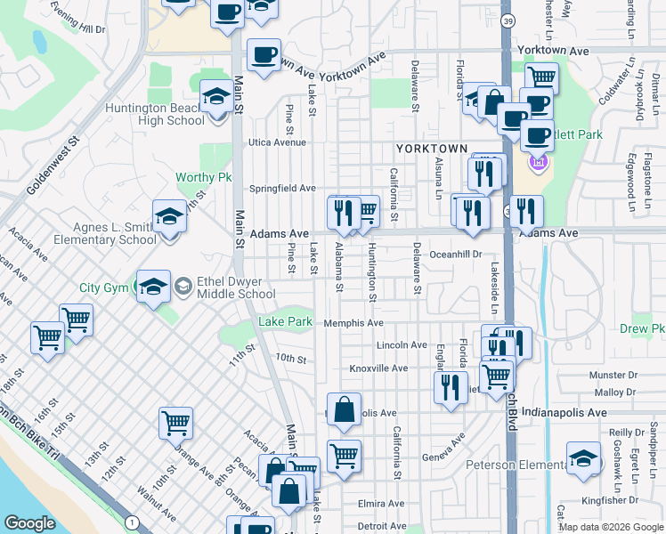 map of restaurants, bars, coffee shops, grocery stores, and more near 1507 Alabama Street in Huntington Beach