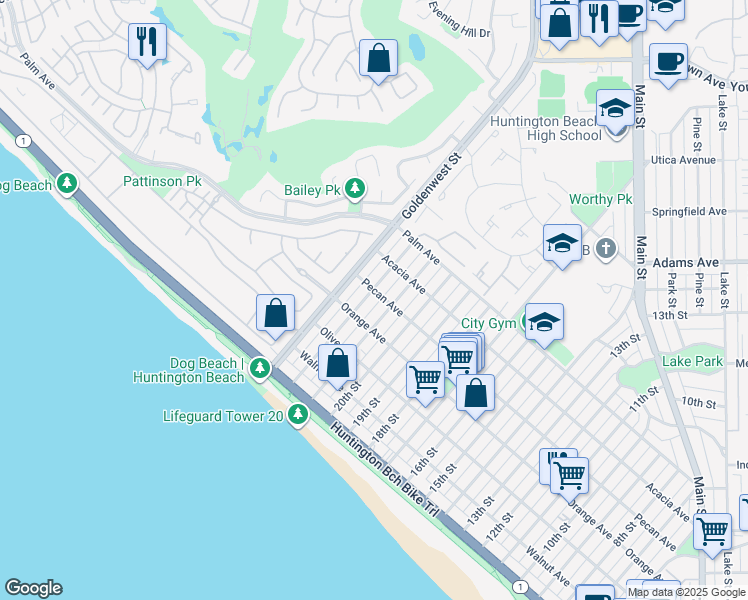 map of restaurants, bars, coffee shops, grocery stores, and more near 425 21st Street in Huntington Beach