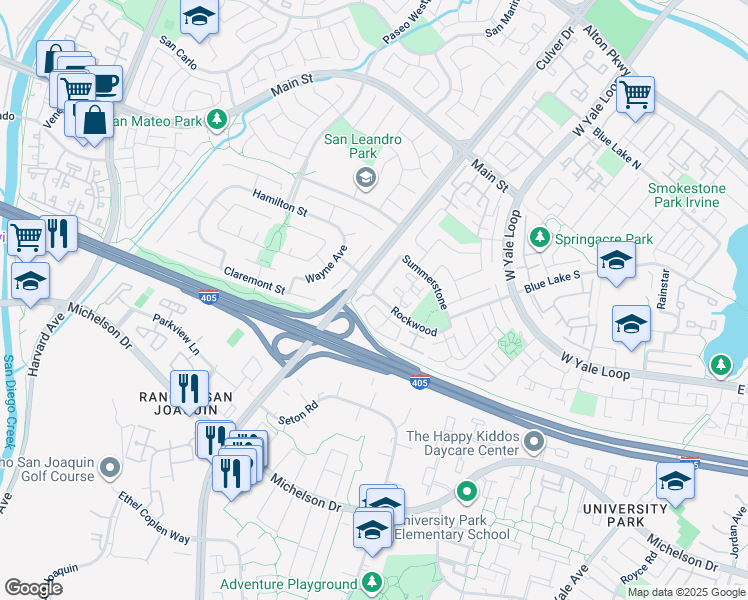 map of restaurants, bars, coffee shops, grocery stores, and more near 155 Rockwood in Irvine