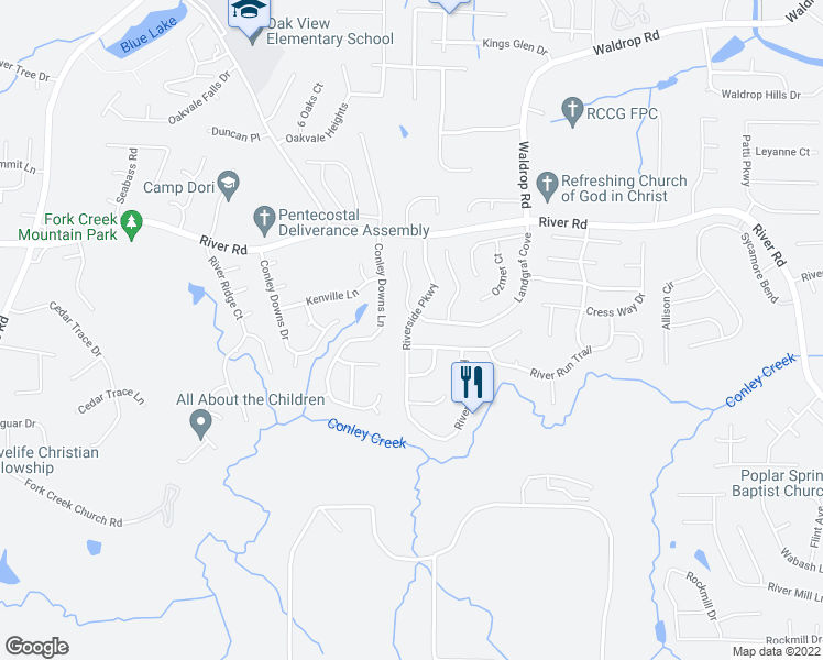 map of restaurants, bars, coffee shops, grocery stores, and more near 3796 Riverside Parkway in Decatur