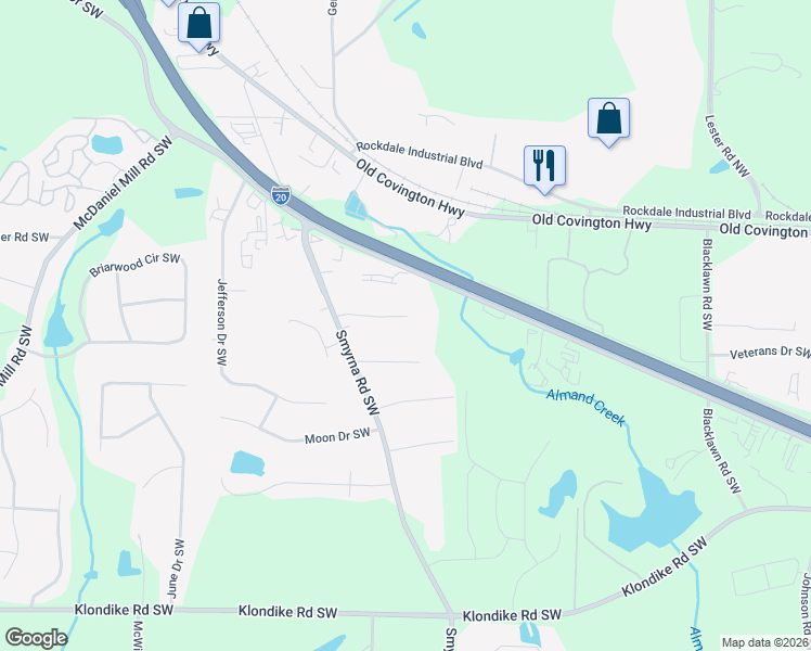map of restaurants, bars, coffee shops, grocery stores, and more near 736 Smyrna Road Southwest in Conyers