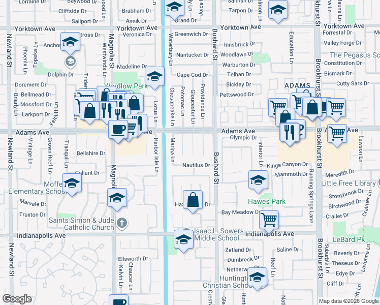 map of restaurants, bars, coffee shops, grocery stores, and more near 20101 Moontide Circle in Huntington Beach