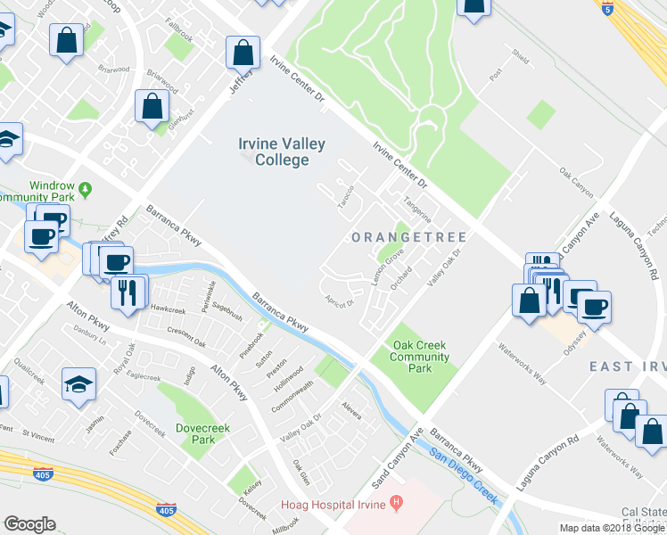 map of restaurants, bars, coffee shops, grocery stores, and more near 122 Tangelo in Irvine