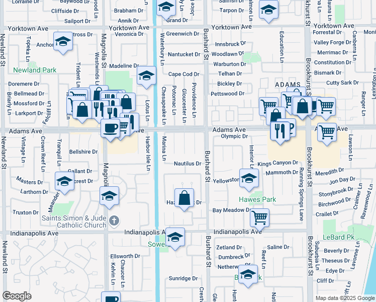 map of restaurants, bars, coffee shops, grocery stores, and more near 20102 Moontide Circle in Huntington Beach