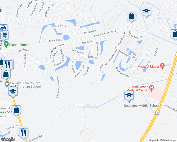 map of restaurants, bars, coffee shops, grocery stores, and more near 613 Kindred Drive in Myrtle Beach