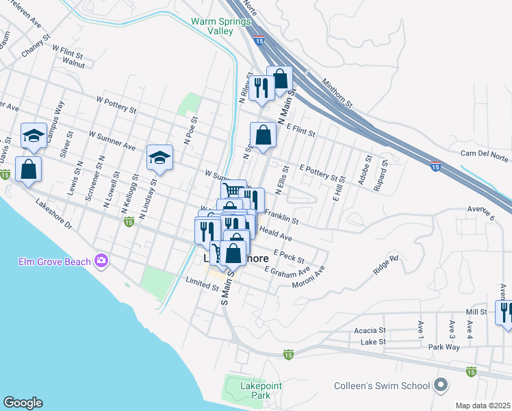 map of restaurants, bars, coffee shops, grocery stores, and more near 252 North Main Street in Lake Elsinore