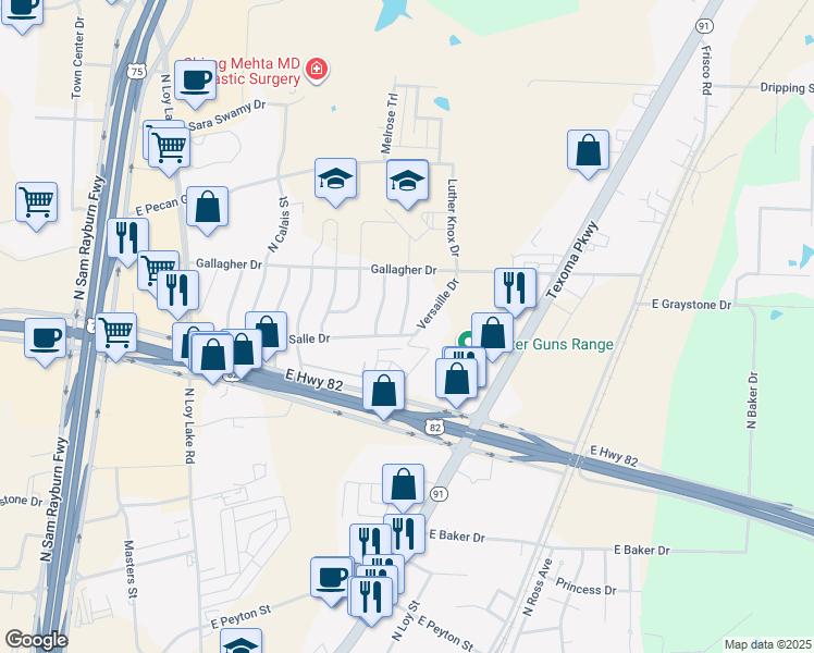 map of restaurants, bars, coffee shops, grocery stores, and more near 1600 La Salle Drive in Sherman