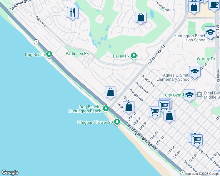 map of restaurants, bars, coffee shops, grocery stores, and more near 6592 Beachview Drive in Huntington Beach