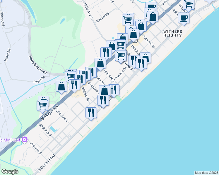 map of restaurants, bars, coffee shops, grocery stores, and more near 1930 Cassandra Lane in Myrtle Beach