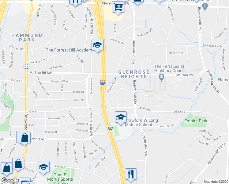 map of restaurants, bars, coffee shops, grocery stores, and more near 225 Glenrose Circle Southwest in Atlanta