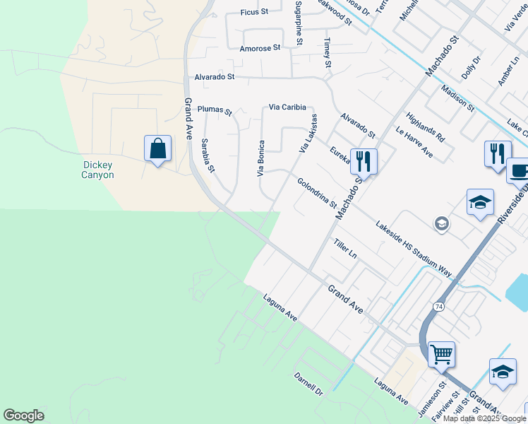 map of restaurants, bars, coffee shops, grocery stores, and more near 14958 Via Violetta in Lake Elsinore