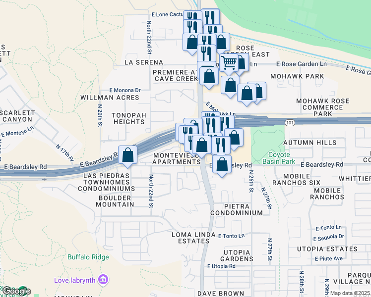 map of restaurants, bars, coffee shops, grocery stores, and more near 20330 North Cave Creek Road in Phoenix