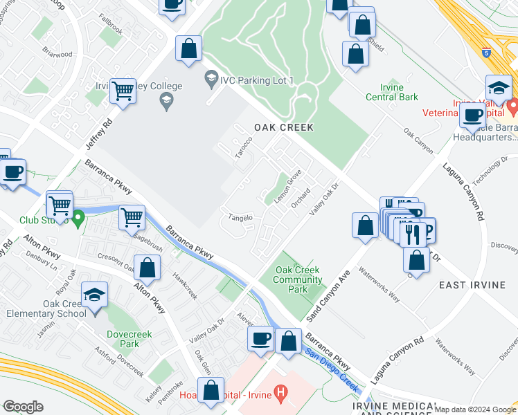 map of restaurants, bars, coffee shops, grocery stores, and more near 183 Lemon Grove in Irvine