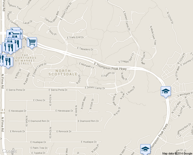 map of restaurants, bars, coffee shops, grocery stores, and more near 20360 North 95th Place in Scottsdale