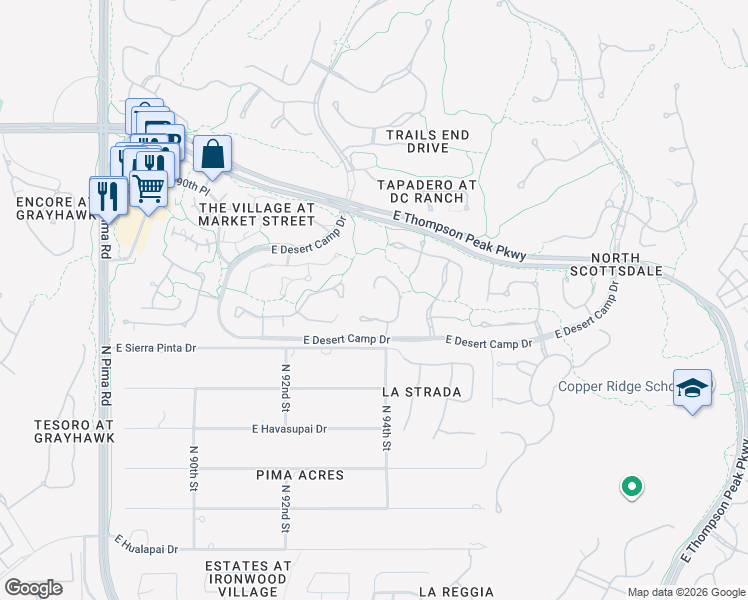 map of restaurants, bars, coffee shops, grocery stores, and more near 20552 North 93rd Place in Scottsdale