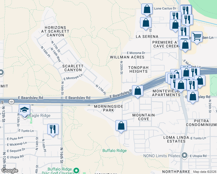 map of restaurants, bars, coffee shops, grocery stores, and more near 1727 East Pontiac Drive in Phoenix