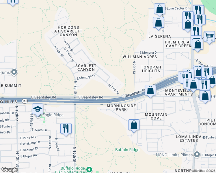 map of restaurants, bars, coffee shops, grocery stores, and more near 20256 North 17th Place in Phoenix