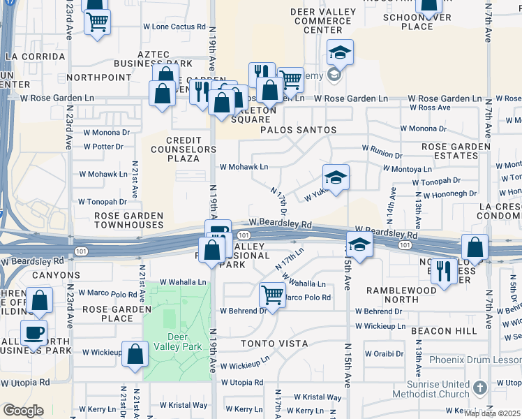 map of restaurants, bars, coffee shops, grocery stores, and more near West Beardsley Road in Phoenix