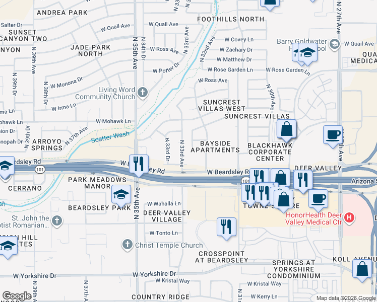 map of restaurants, bars, coffee shops, grocery stores, and more near 3237 West Blackhawk Drive in Phoenix