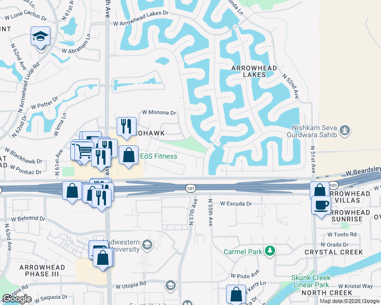 map of restaurants, bars, coffee shops, grocery stores, and more near 5514 West Tonopah Drive in Glendale