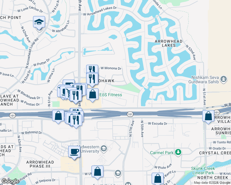 map of restaurants, bars, coffee shops, grocery stores, and more near 5642 West Blackhawk Drive in Glendale