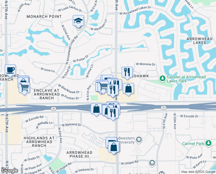 map of restaurants, bars, coffee shops, grocery stores, and more near 20280 North 59th Avenue in Glendale