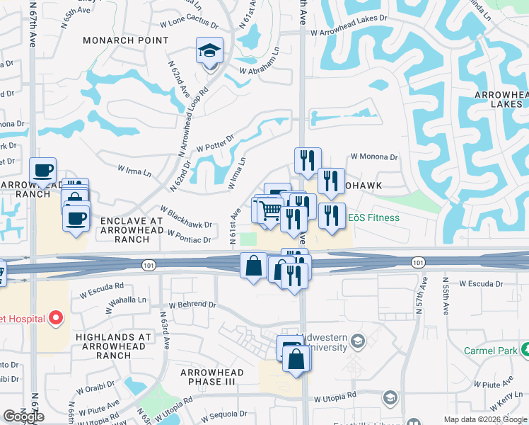 map of restaurants, bars, coffee shops, grocery stores, and more near 6026 West Pontiac Drive in Glendale